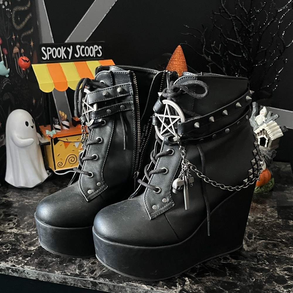 DEMONIA Studded Black Wedge Ankle Boots